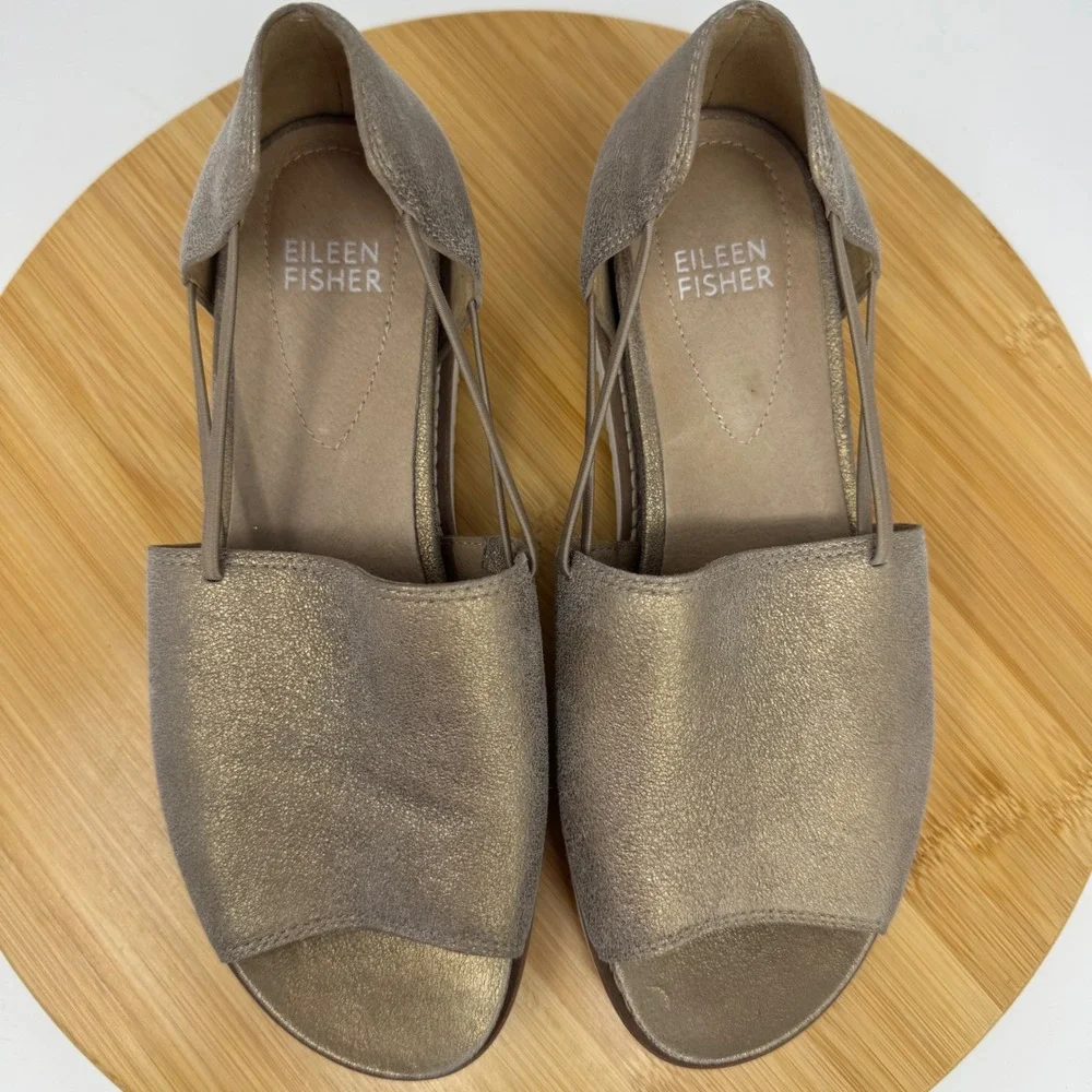 Eileen Fisher Gold Metallic Leather Platform Sandals Cutout 6.5 Open Toe Slides